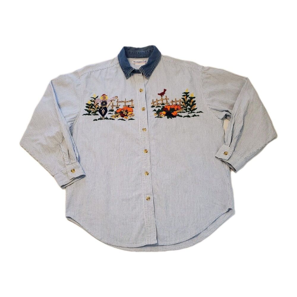 Vtg Denim Striped Embroidered Fall Button Up Shirt Womens Sz Med Pumpkin Patch